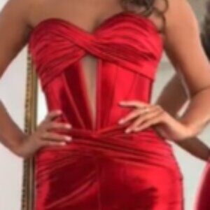 Twisted Strapless Cutout Corset Straight Leg Party Jumpsuit- RED